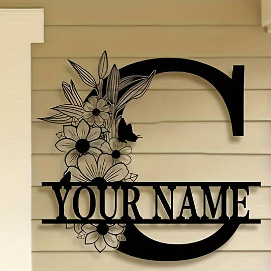 Unique Housewarming Gift - Personalized Home & Front Door Decor - Custom Metal Family Name Sign with Floral Design