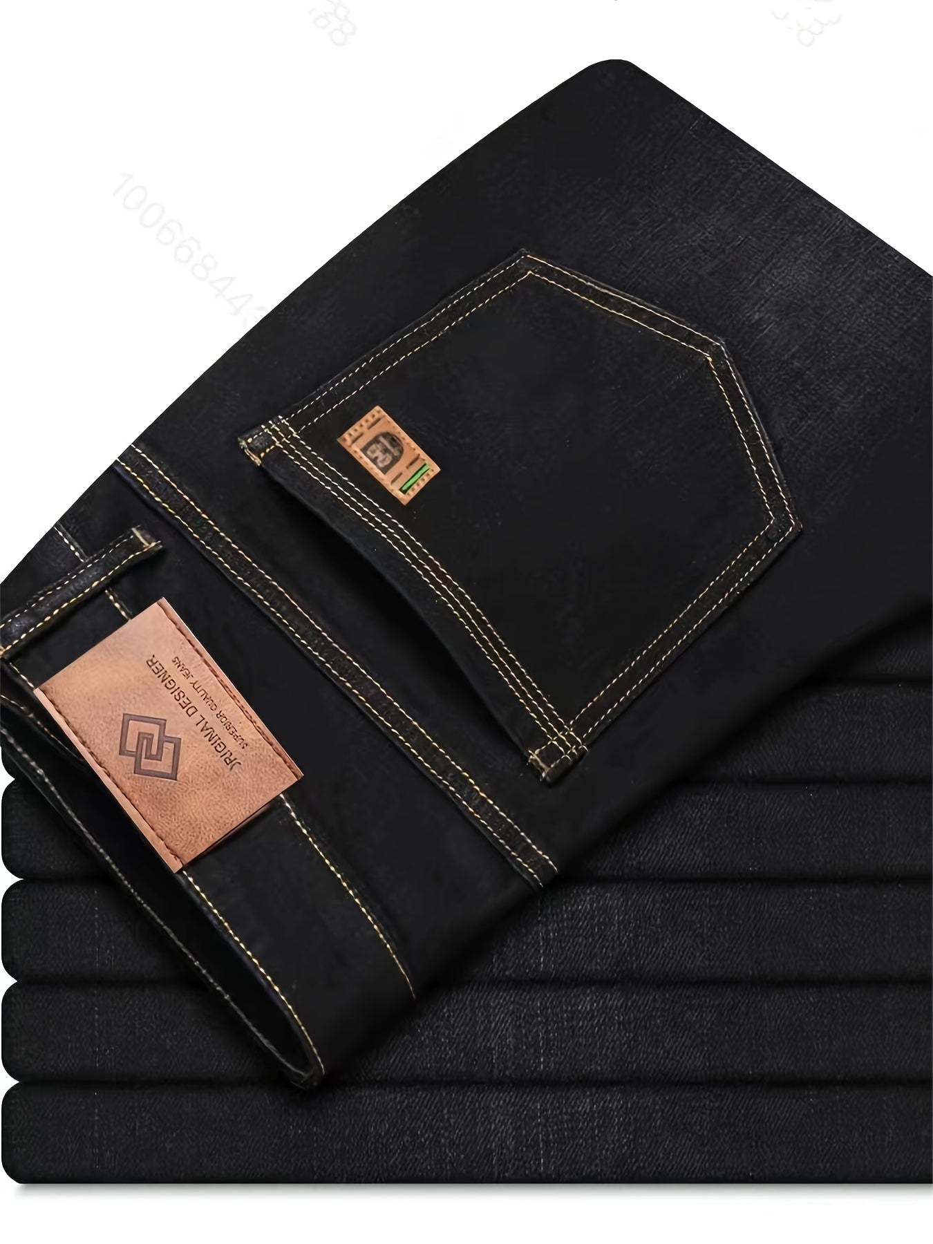 Men's solid denim trousers with pockets, casual cotton blend jeans for outdoor activities.