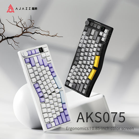 AKS075 Wireless Ergonomic Mechanical Keyboard with Color Screen, RGB Backlighting, Volume Knob, 5000mAh Battery, Compact Gasket Design for Comfortable Typing, Gaming Keyboard, Customizable