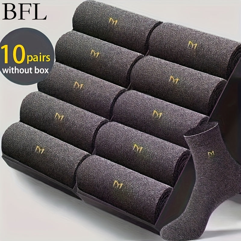 10pcs Men's Business Cotton Blend Crew Socks with Alphabet Pattern, Knit Fabric, Machine Washable, Polyester 15%, Elastane 5%