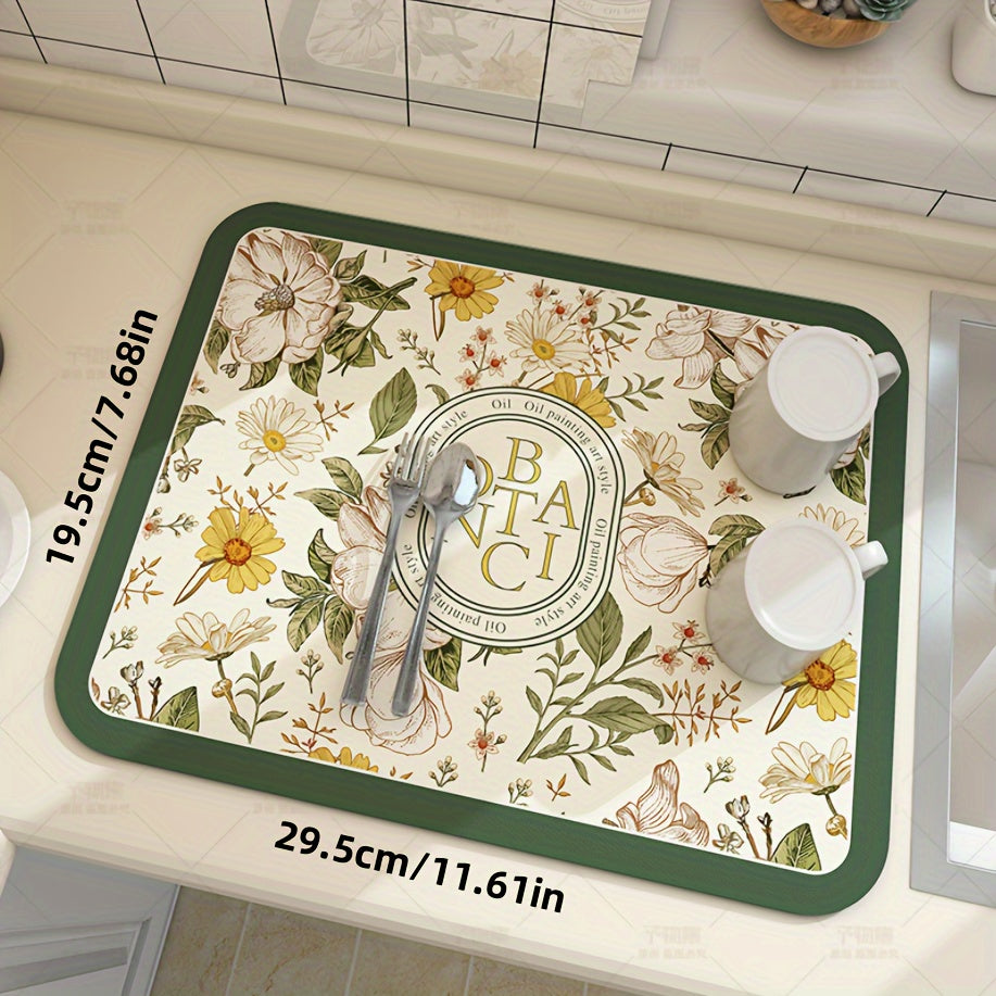 Floral Pattern Coffee Machine Mat, Multi-Functional Dish Drying Pad with Silica Gel Non-Slip Soft Pad for Kitchen and Bathroom. Easy to Clean with Polyester Cover and Silica Gel Material.