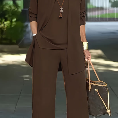 Stylish women's brown two-piece set featuring a long sleeve open front cardigan and wide-leg pants made from a polyester blend, machine washable, ideal for everyday elegance.