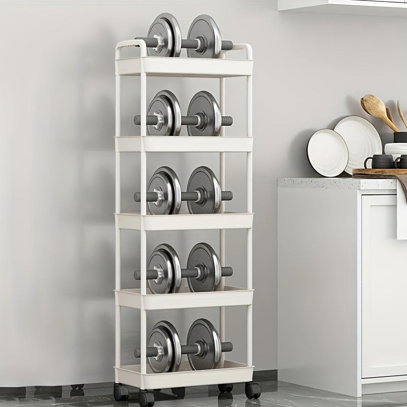 Introducing a 5-tier mobile storage cart with wheels, perfect for organizing kitchen items. This space-efficient cart is ideal for use at home, in the bathroom, or at the gym. Standing at a height of 105.0 cm, this cart does not require electricity to