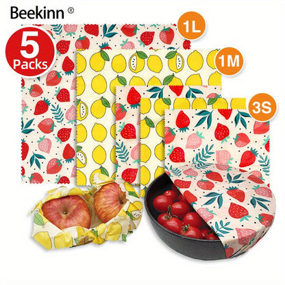 A 5-piece collection of eco-friendly Beeswax Food Wraps - Perfect for wrapping cheese, fruit, bread, snacks and more. These reusable wraps are non-stick and ideal for storing food in your kitchen pantry or refrigerator.