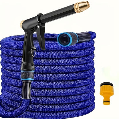 YIJU Expandable Garden Hose with High-Pressure Spray Nozzle & Multi-Thread Connectors - Available in 22.86m, 15.24m, and 7.62m Lengths, Blue Rubber Design for Cleaning, Washing, and