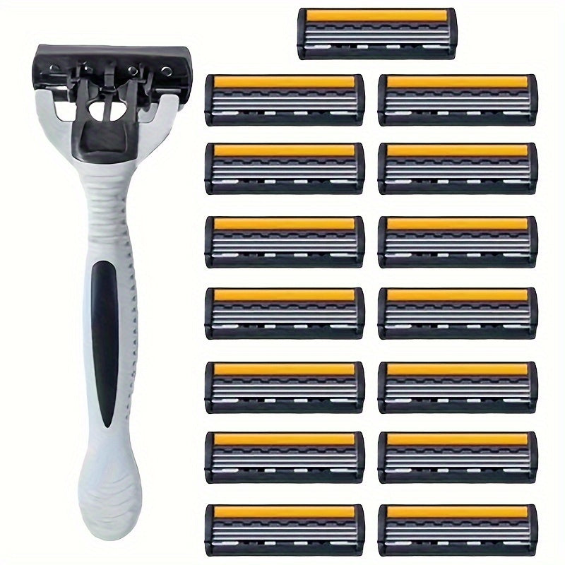 Men's manual razor with stainless steel blades, non-slip handle, and replacement heads. Ideal for beard and mustache grooming.