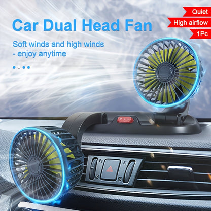 The [1pc Dual Head Portable Car Fan] features 5-blade turbo high-velocity airflow and 360-degree rotatability. It operates with low noise thanks to its copper dual motor and can be powered by USB. Suitable for use in 5-seater vehicles, indoors, and