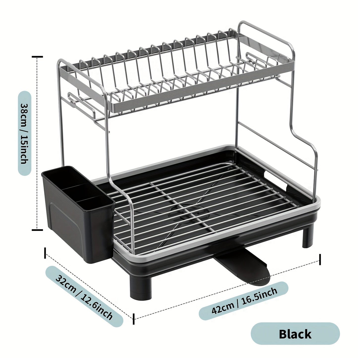 Multipurpose 2-Tier Metal and Plastic Dish Drying Rack with Drain Tray, Swivel Spout, and Sink Caddy - Countertop Storage Organizer for Dishes, Cutlery, Pots, Dish Brush, and Sponge Holder, Ideal for Kitchen and Bathroom Accessories