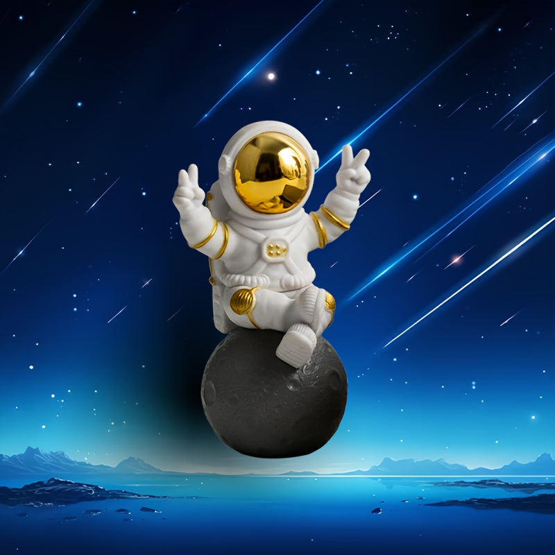 Chic astronaut figurine set with golden egg decor - perfect for home or office; great birthday gift for space enthusiasts.