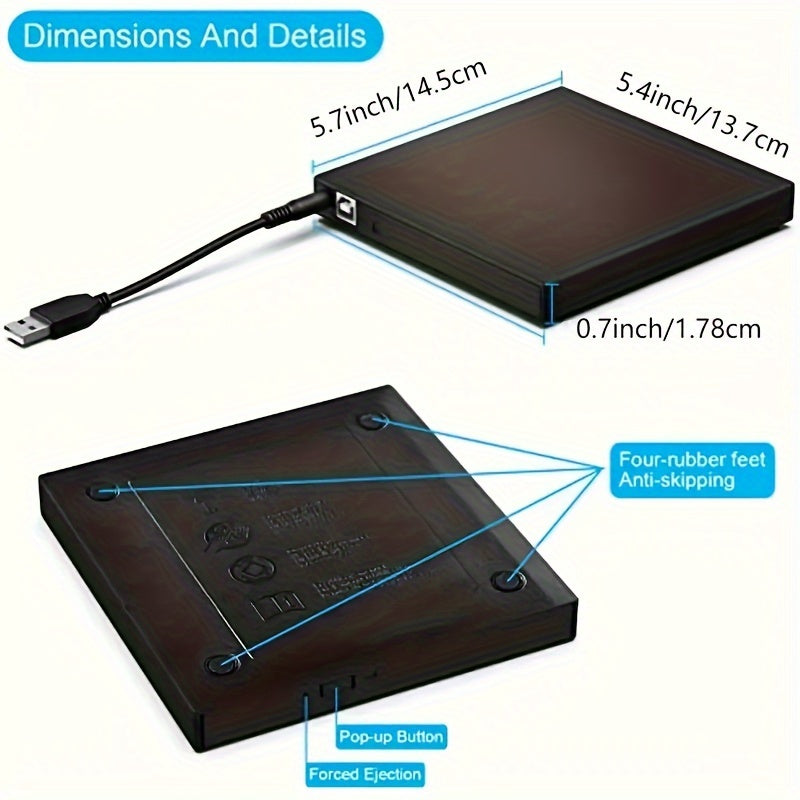 Portable external CD/DVD drive with USB 2.0 connectivity for laptops and desktop computers.