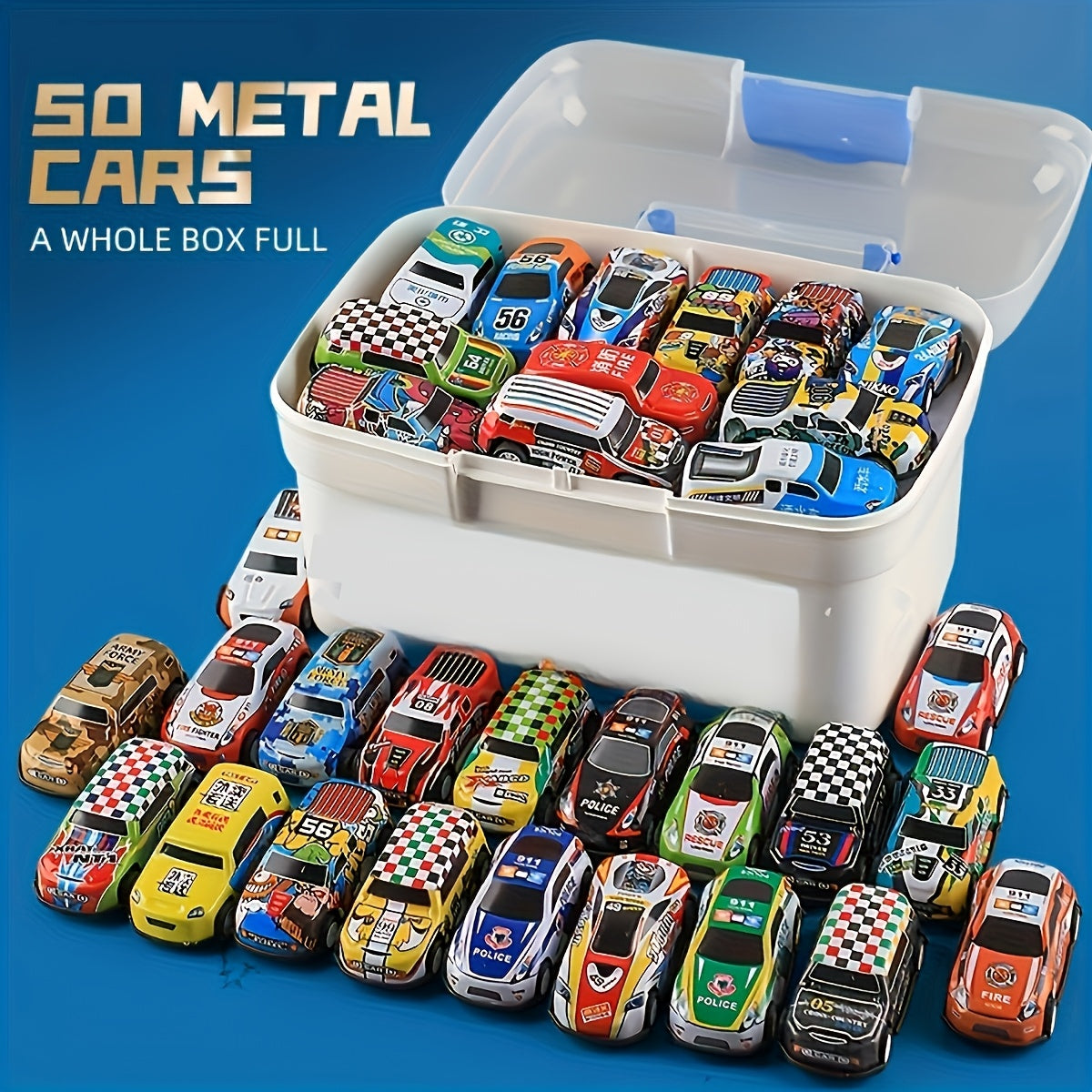 Set of 50 Rally Cars in Storage Box - Friction-Powered, Die-Cast Mini Cars, Ideal for Gifts, Winter Home Decor