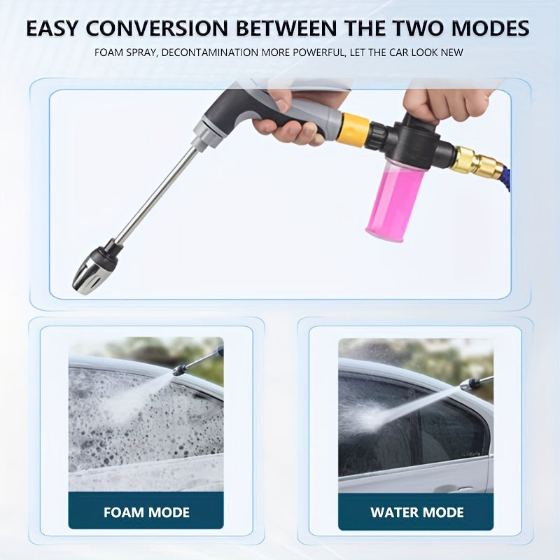 Long pole car wash water gun with foam tank for multifunctional spraying needs. Suitable for car wash, flower watering, garden irrigation with high pressure spray and foam tank set. Easy