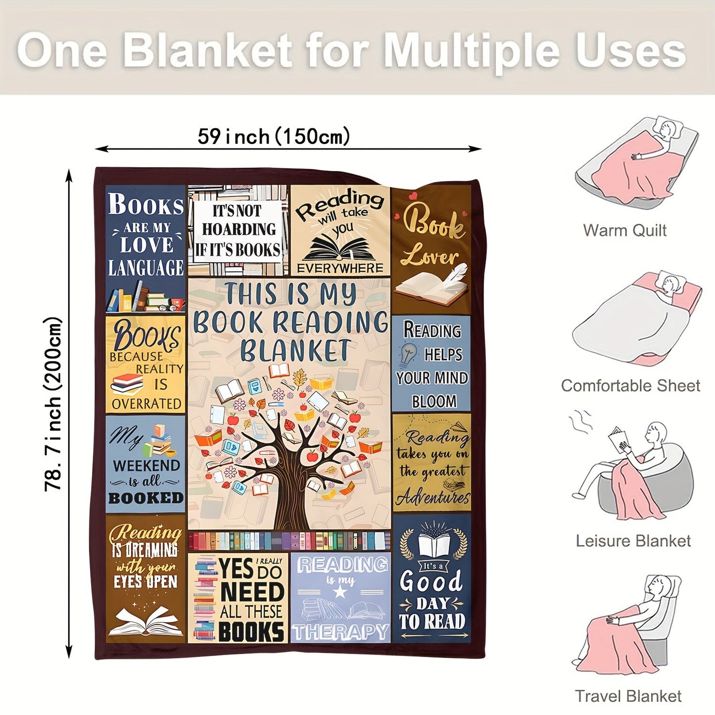 Bookworms and book managers alike will love this 1-piece printed blanket. It's the perfect gift for reading lovers, great for cozying up at home or on the go. This soft and warm blanket is ideal for lounging on the couch, bed, or even using as a lunch