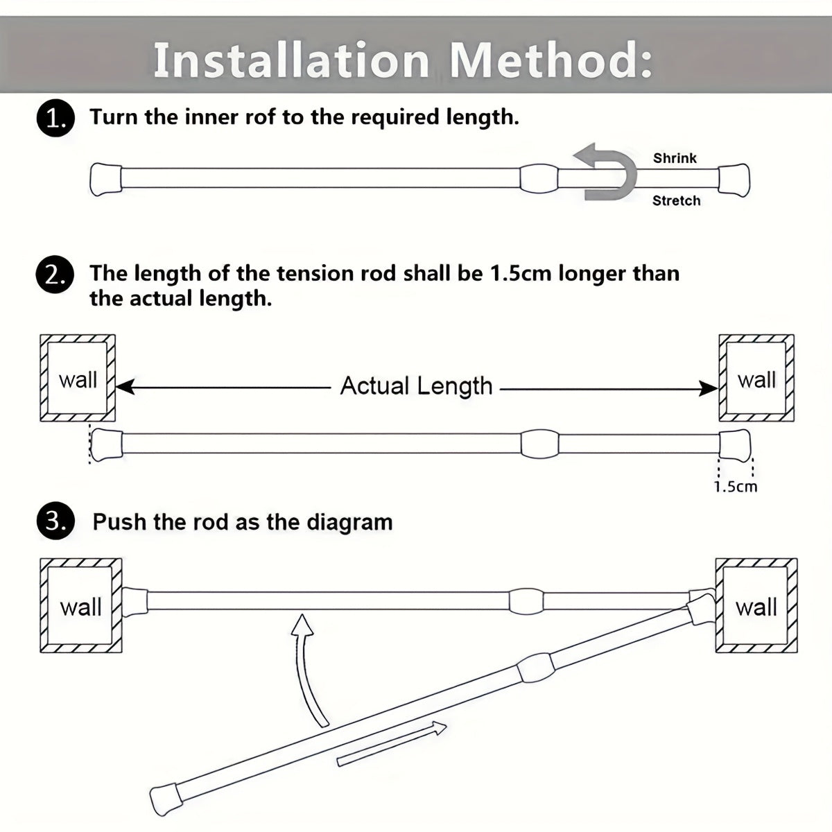 Adjustable tension curtain rod, no-drill extendable design for easy installation in bathroom, kitchen, window sill, balcony, living room. Can be used for door curtains, window curtains, wardrobe, or hanging clothes.