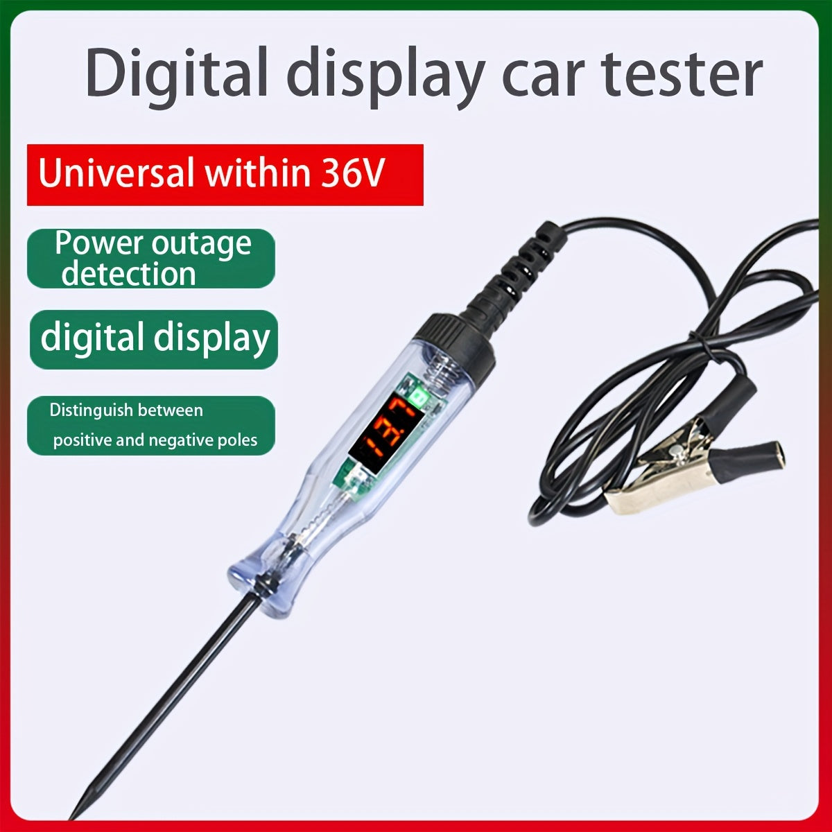 Automotive diagnostic test pen with digital display and long probe for cars and trucks. Durable ABS, high precision 0.1V, 36V max, battery-free. Essential tool for auto repair and battery