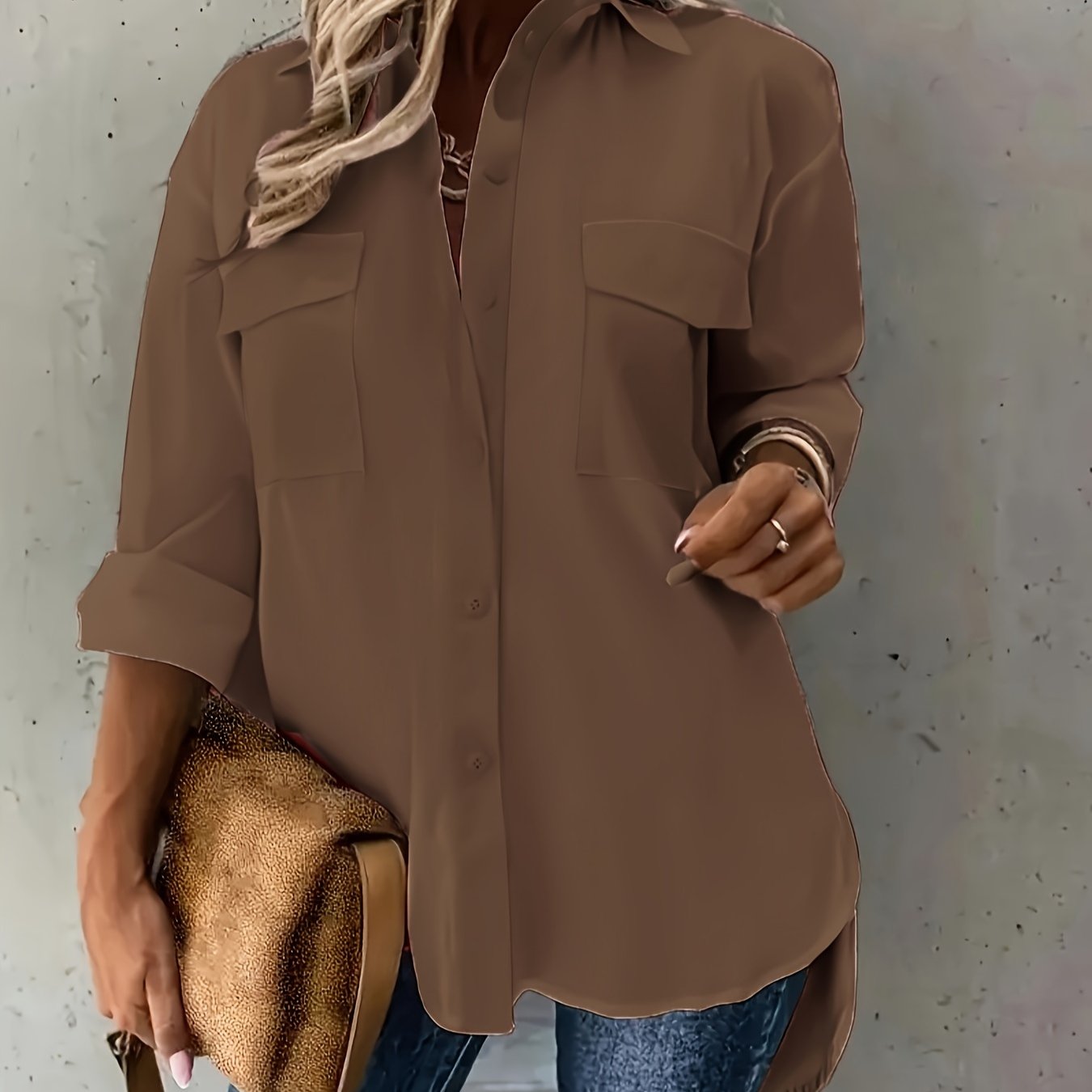 Plus size casual button front shirt with flap pockets, perfect for spring.