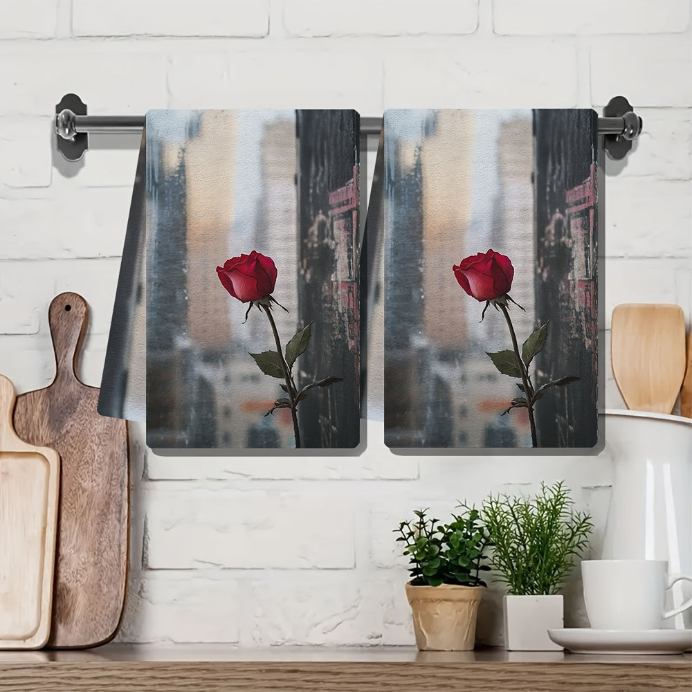 Set of 2 Ultra Soft Kitchen Towels featuring a Romantic Valentine's Rose Design. These towels are highly absorbent and machine washable, made of contemporary polyester material. Perfect for holiday decor, these dish hand towels measure 40.64x60.96 cm.