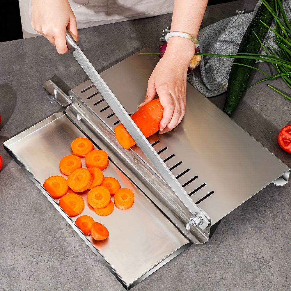 One piece of a large-sized professional kitchen cutter made of stainless steel, the manual mandoline slicer is perfect for slicing vegetables, fruits, and meats. This non-electric versatile food slicing tool has a 27cm blade.