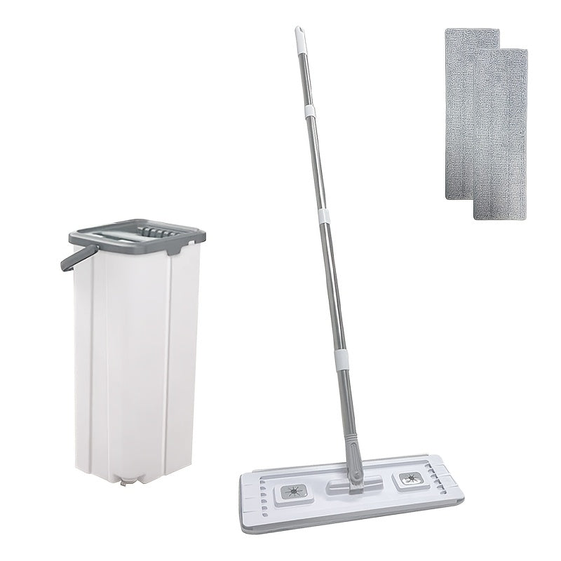 This set includes a mop and bucket with a squeegee, featuring a hands-free flat floor mop and bucket. It comes with 4/2 washable microfiber pads and is suitable for both wet and dry use. The design is tailored for a floor cleaning system that seamlessly