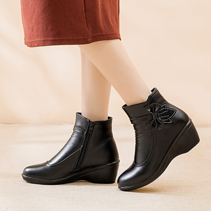 Women's Winter Ankle Boots with Wedge Heels, Wide Width, Bow Detail, Rhinestone Zipper, Waterproof, and Soft lining.