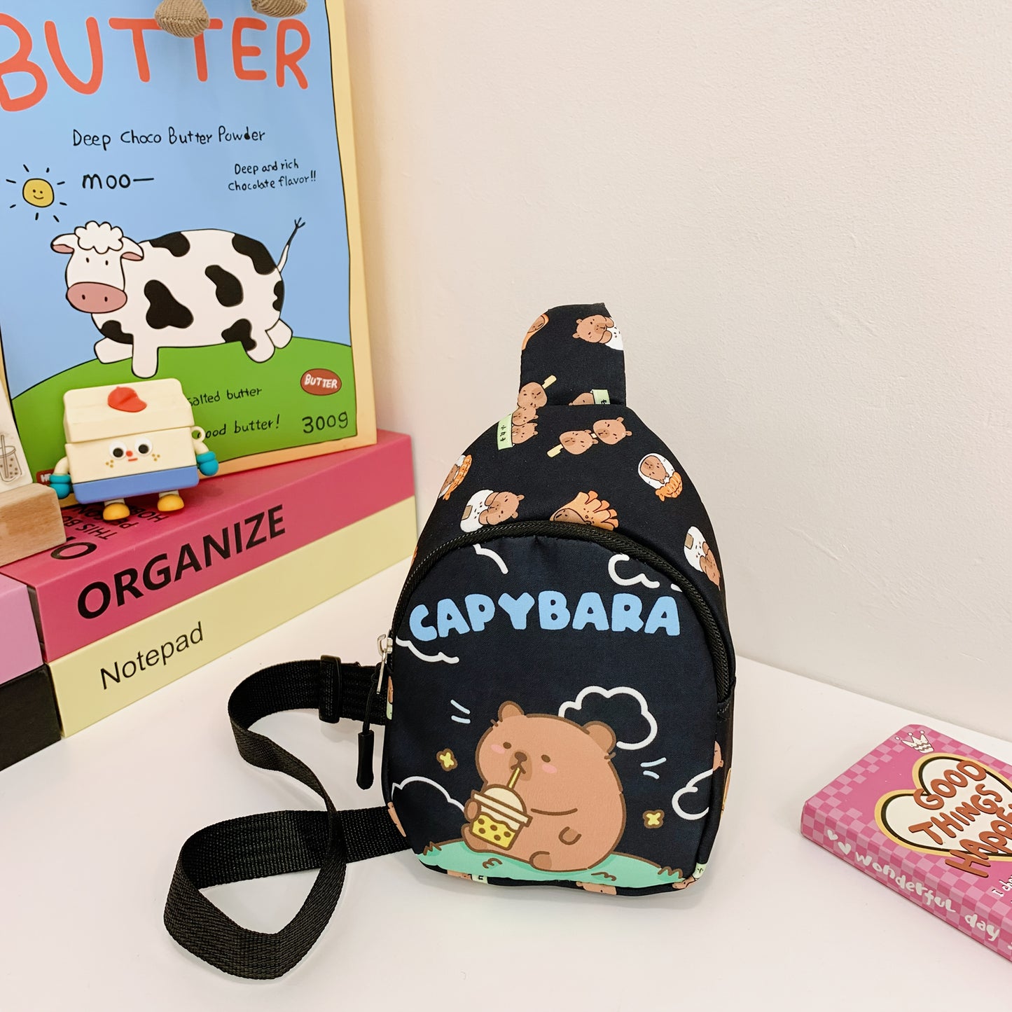 Sweet Capybara print crossbody bag with detachable coin purse, zipper closure, adjustable strap for kids and teens - great for travel, hiking, cycling - perfect birthday present.