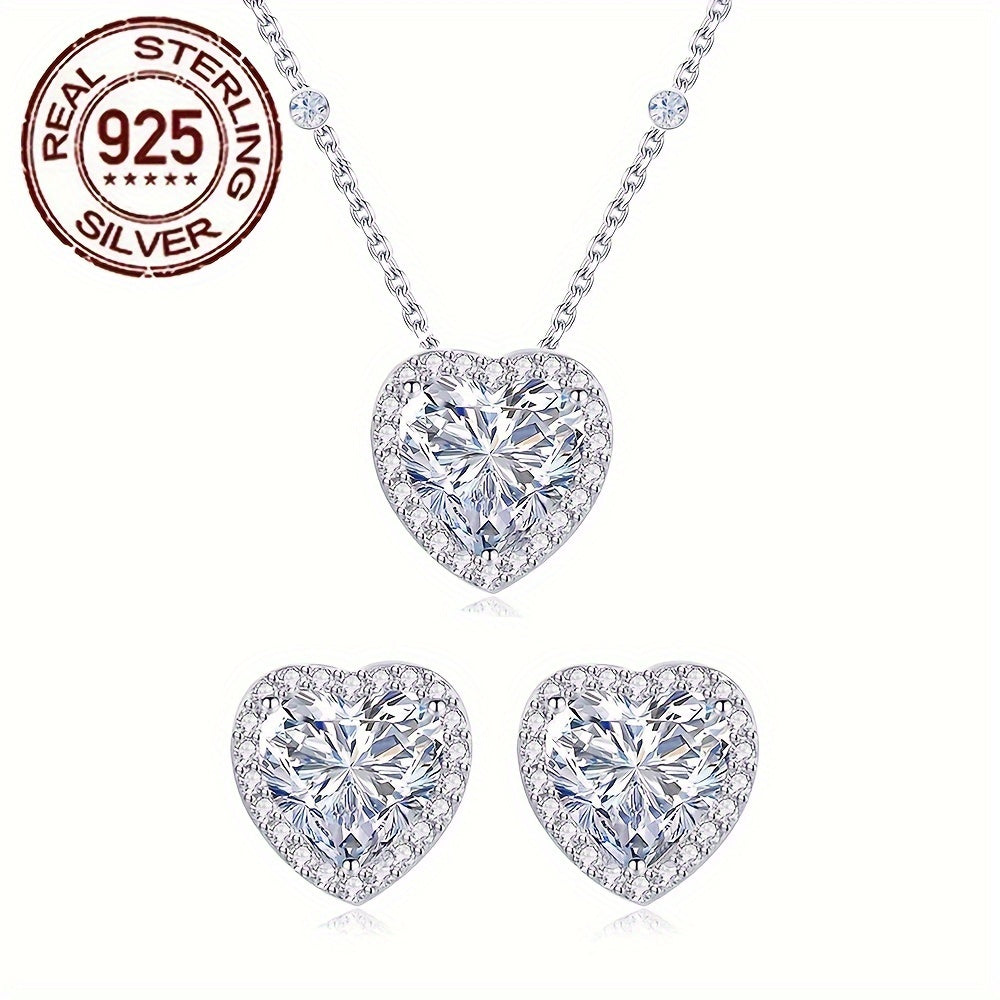 An Elegant Jewelry Set for Women, adorned with a Romantic Heart Design crafted from 925 Sterling Silver, weighing 5.7g/0.201oz. This stunning set features low allergenic properties and is embellished with sparkling White Cubic Zirconia in a Three-Prong