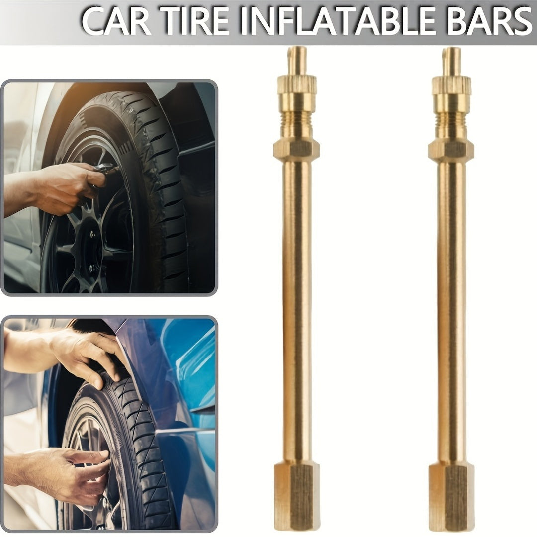 Two pieces of Golden Copper Tire Valve Extension Stems, suitable for use on cars, trucks, vans, RVs, and SUVs.