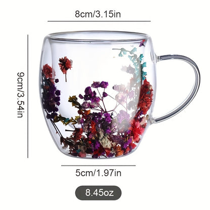 1pc double-layer glass cup with real flowers and flowing sand, perfect for hot drinks, milk, or summer beverages, ideal as a birthday gift.