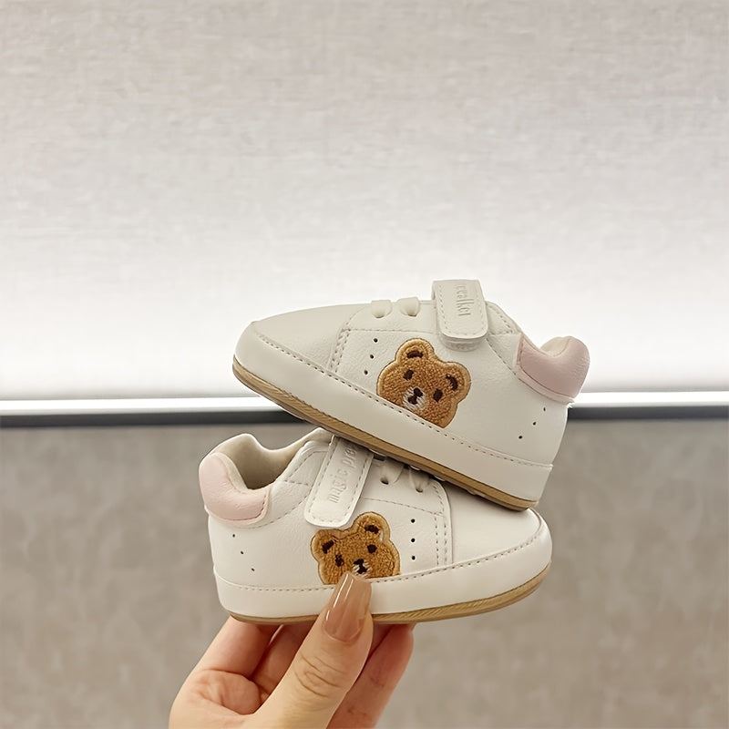 Cute bear sneakers for kids are non-slip and comfortable with easy hook-and-loop closure, ideal for all seasons.