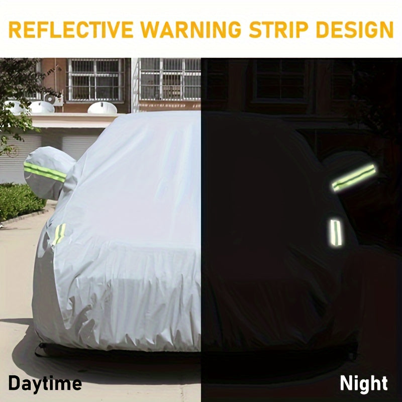 Car cover with UV and dust protection, suitable for cars, pickups, SUVs, and hatchbacks. Features reflective strip for added protection. Suitable for outdoor use.