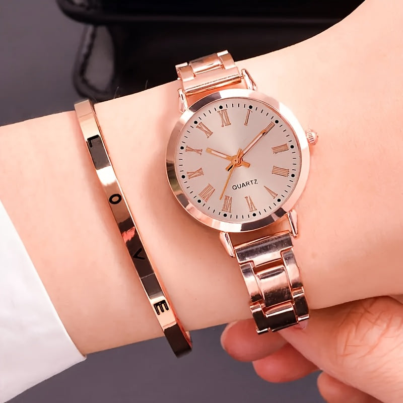 Elegant combo pack includes 1pc fashionable women's round analog quartz watch and jewelry set with alloy band & case, button battery.