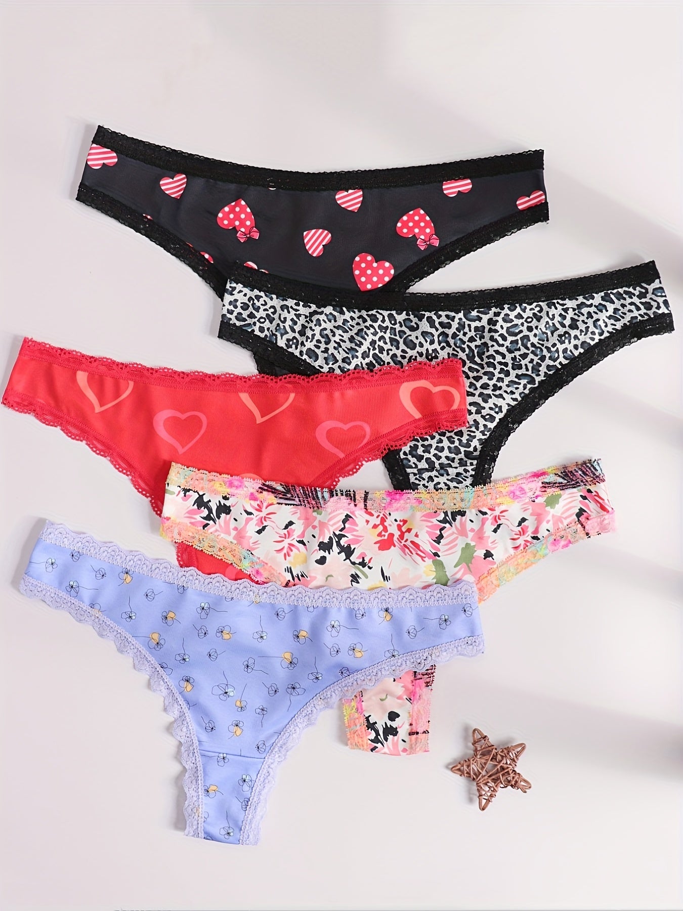 Five heart & floral print thongs with lace trim, comfy and cute intimates for women.