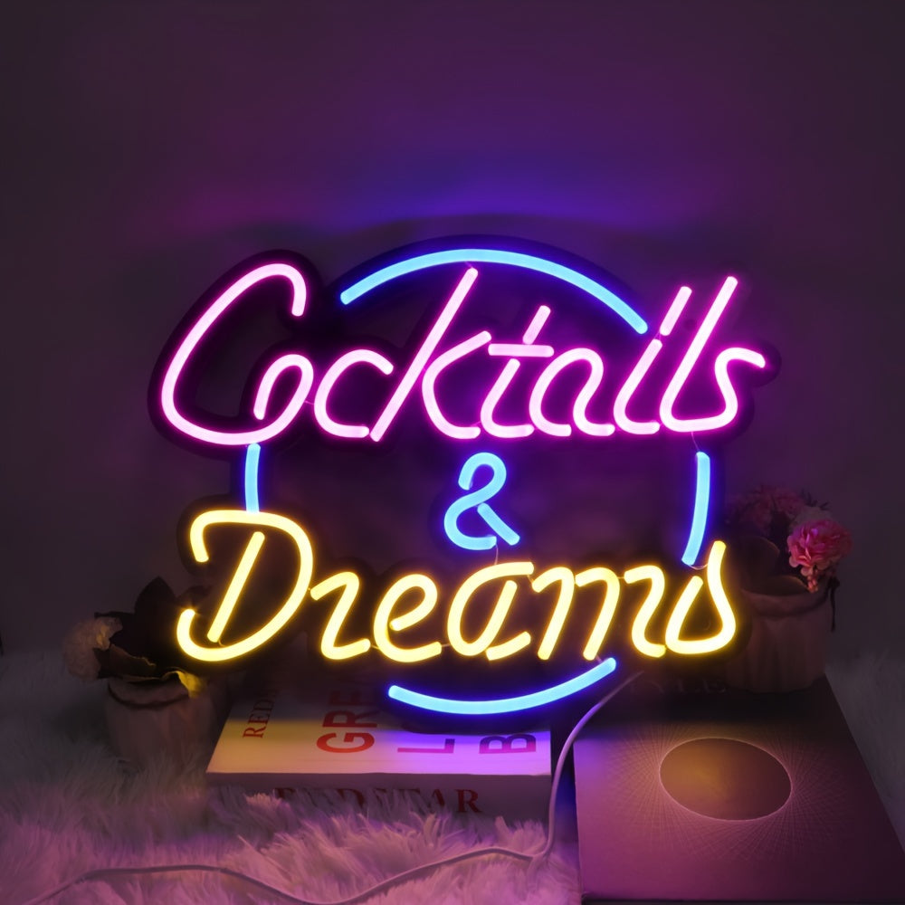 1pc NEON FINE NF "Cocktails & Dreams" LED Neon Sign - Vibrant Blue, USB Powered Wall Art for Bars, Hotels, Pubs, Bedrooms, Cafes - Ideal for Wedding, Birthday Party Decor, 44*36cm, Pub Art Piece. Vibrant Wall Art with USB Powered Sign.