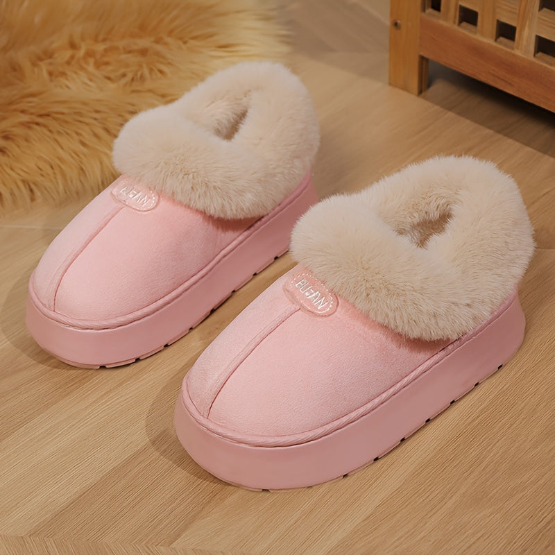 Women's preppy solid color slip on furry slippers with soft warm fleece, round toe, EVA sole, fabric upper and inner material, all-season casual wear.