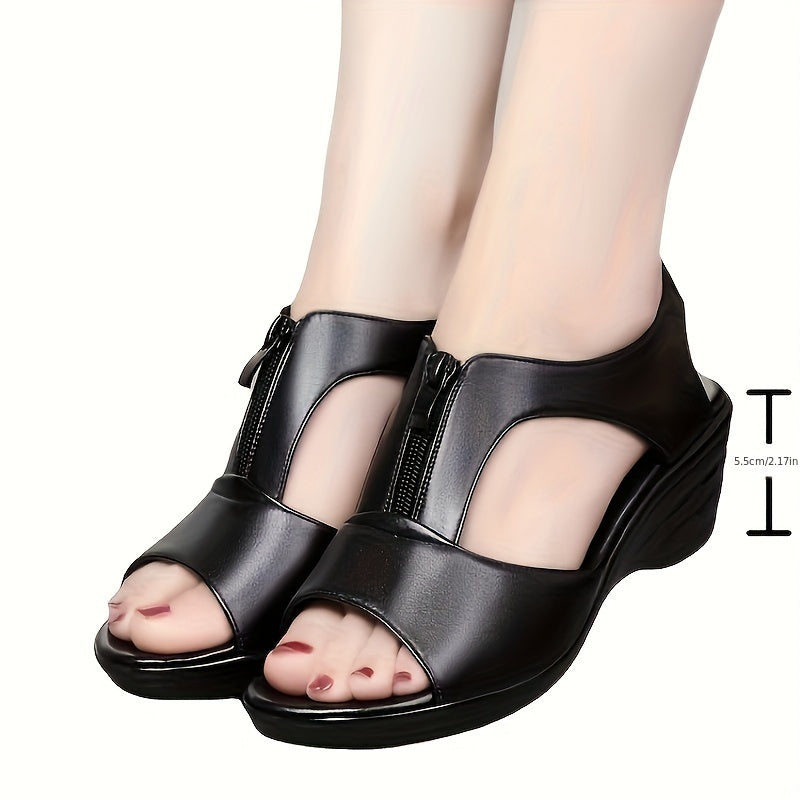 Casual peep toe wedge sandals with front zipper and slingback design, featuring soft soles for outdoor comfort.