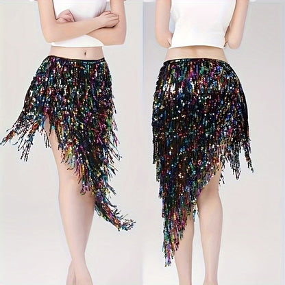 Sequined tassel skirt ideal for energetic belly dance performance.