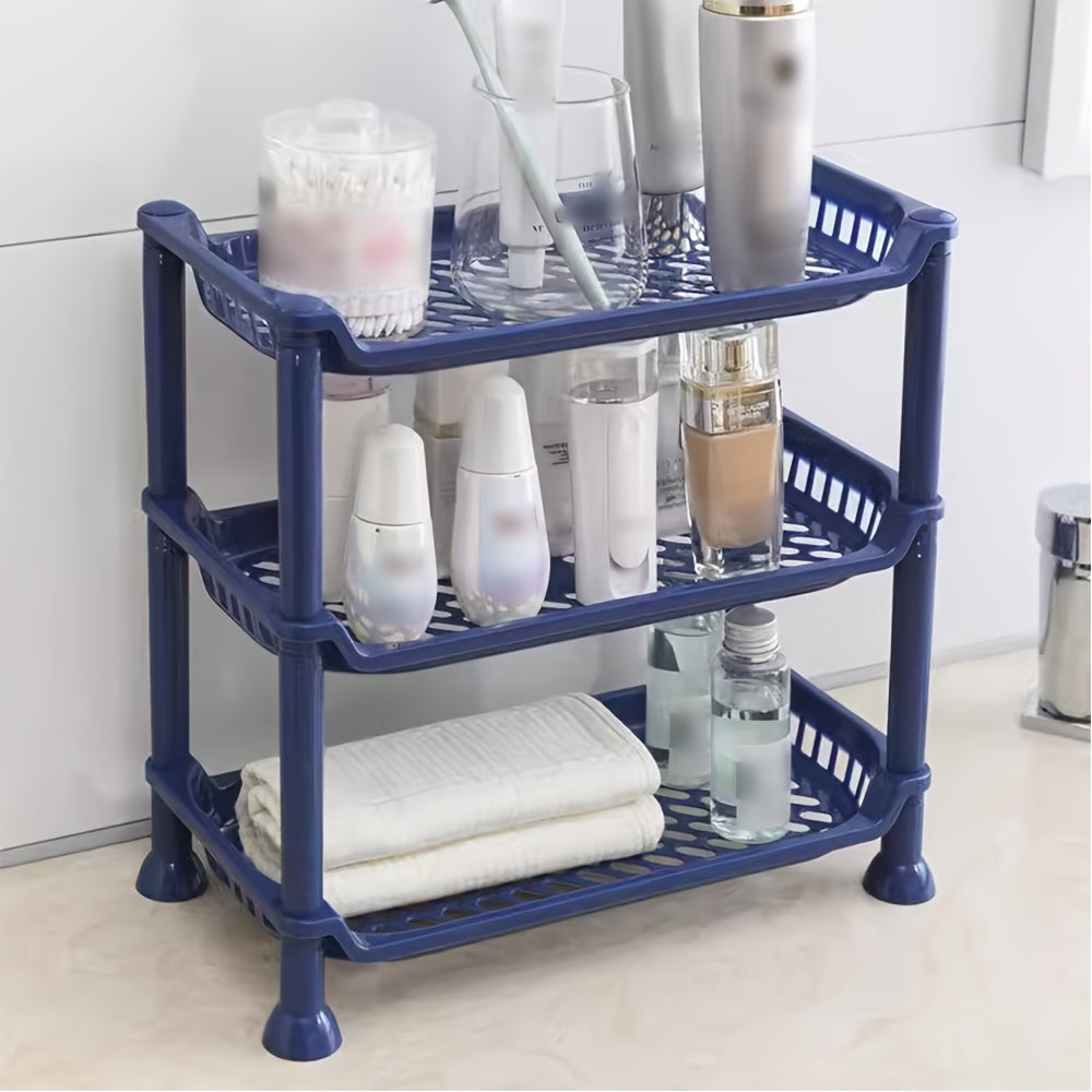 Plastic bathroom vanity organizer shelf for makeup, toiletries, and sundries storage in the bathroom.