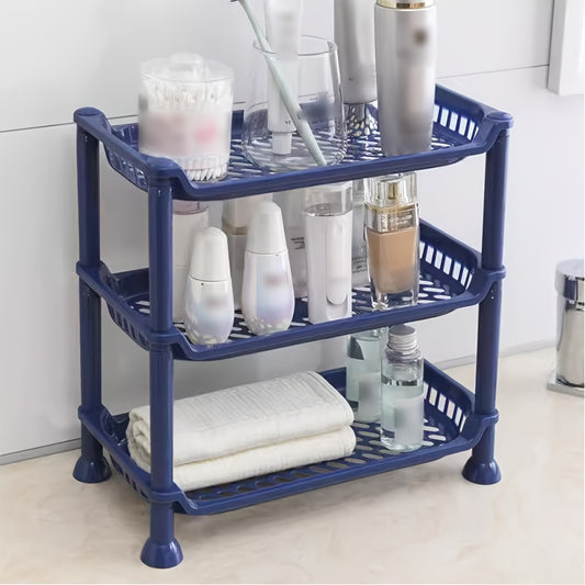 Plastic bathroom vanity organizer shelf for makeup, toiletries, and sundries storage in the bathroom.