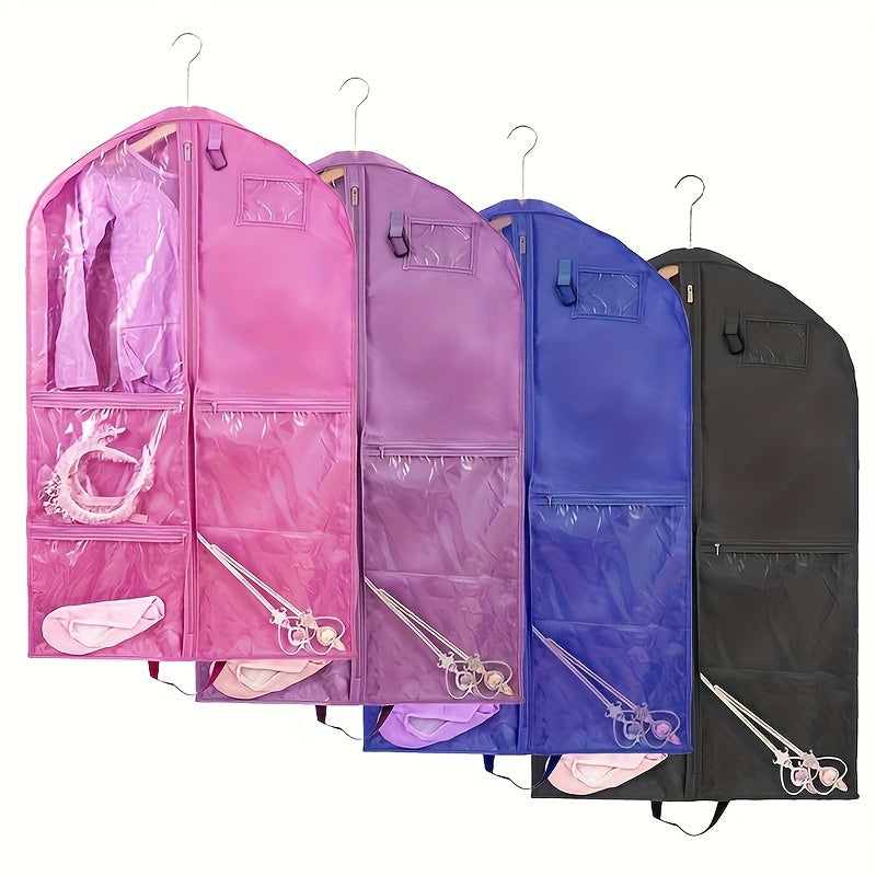 Durable costume dust cover bag with storage pouches, featuring a hanging design for suits and coats. Designed with a window and zipper for easy access, this household organization tool helps save space in the bedroom, bathroom, office, closet, wardrobe