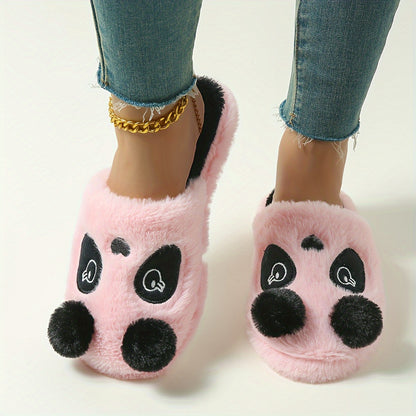 Cozy Panda Cartoon Plush Slippers for Men and Women - Black & White Design with Fluffy Ball Detail, TPR Sole, Hand Washable - Perfect Winter Comfort, Cute Style.