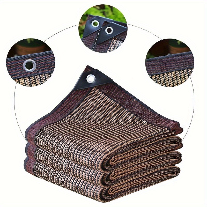 Sunshade fabric with reinforced grommets, ideal for gardens, greenhouses, and patios. Made of 90% coffee brown high-density PE waterproof mesh.