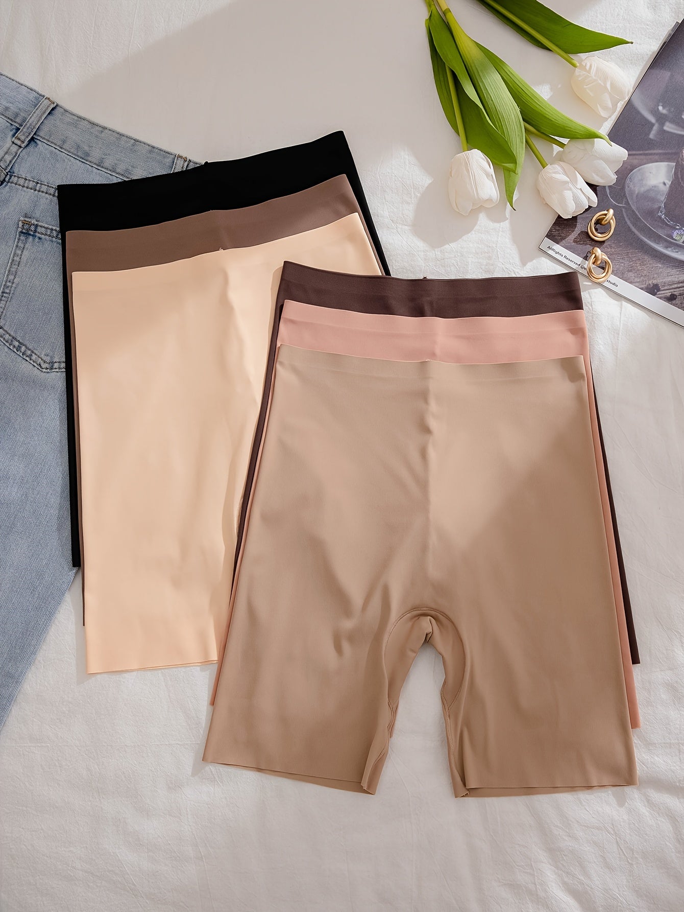 6-pack of high-waisted, flat-leg safety pants for women with traceless design, anti-slip technology, and butt-lifting and abdomen-tightening features.