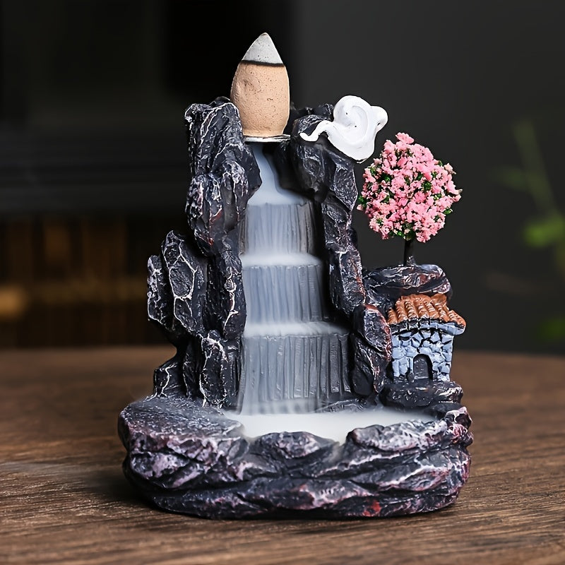 Elegant flower waterfall backflow incense burner made from handcrafted resin, purifies air and enhances room decor, perfect gift.