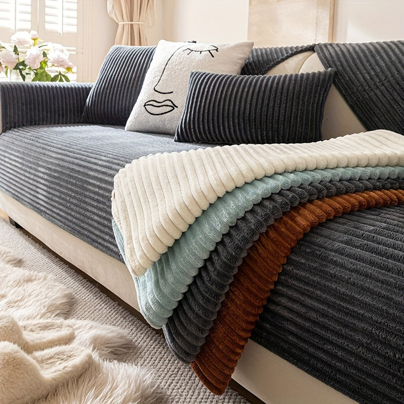 Thick plush sofa cover with stripes for winter, non-slip and anti-dirty. Modern style for home protection and decoration.