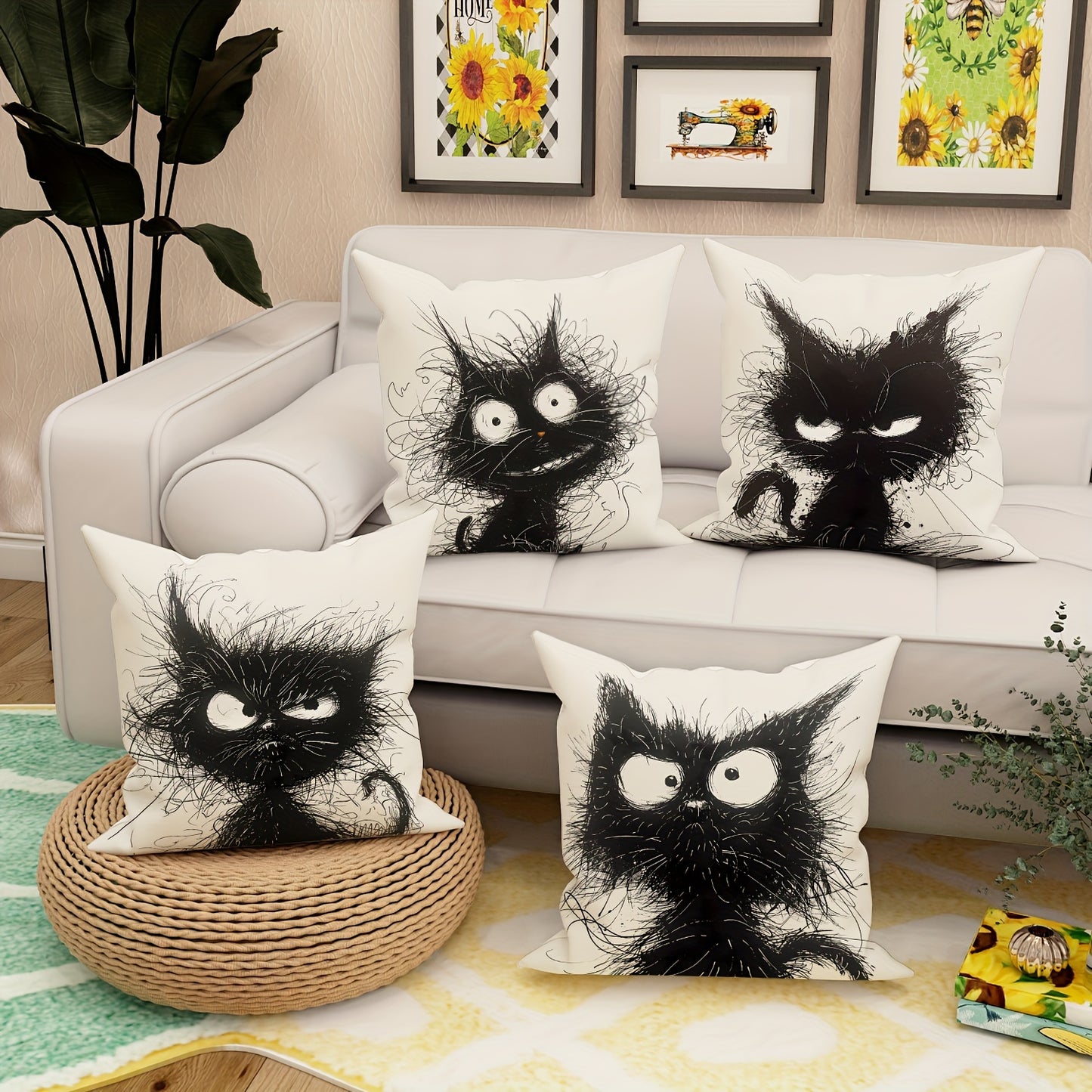 4pcs velvet throw pillow covers featuring funny cat designs in black and white. Perfect for living room or bedroom decoration, measuring 45.72cm*45.72cm, inserts not included.