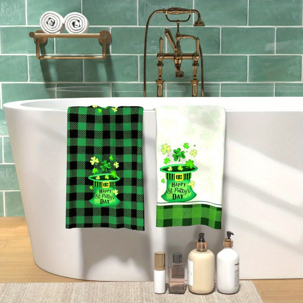 Two pieces of ultra-soft St. Patrick's Day tea towels measuring 45.72x66.04cm. These quick-dry, highly absorbent polyester dish towels feature a charming leprechaun hat and shamrock design, making them ideal for both home use and gifting. Add a festive