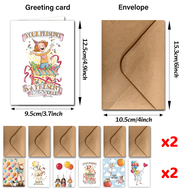 Celebrate with 24 charming Birthday Cards complete with Envelopes - Featuring sweet designs of a Little Girl, Flower Cat, and Balloons - Ideal for expressing gratitude and presenting gifts.