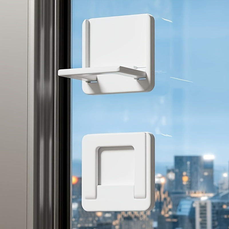 Two white plastic sliding door/window stopper locks come in a pack, designed for child safety and to secure sliding glass doors, windows, and closets. These locks do not require electricity, are hand wash only, and are safe for both children and pets.