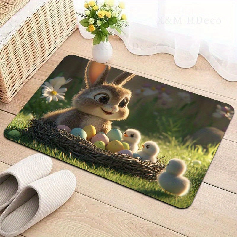 Easter-themed Rug featuring Adorable Rabbit and Chicks design, 8mm Thick Polyester Material for Anti-Slip Properties, Easily Washable Rectangle Mat suitable for Kitchen, Living Room and Bedroom Decor