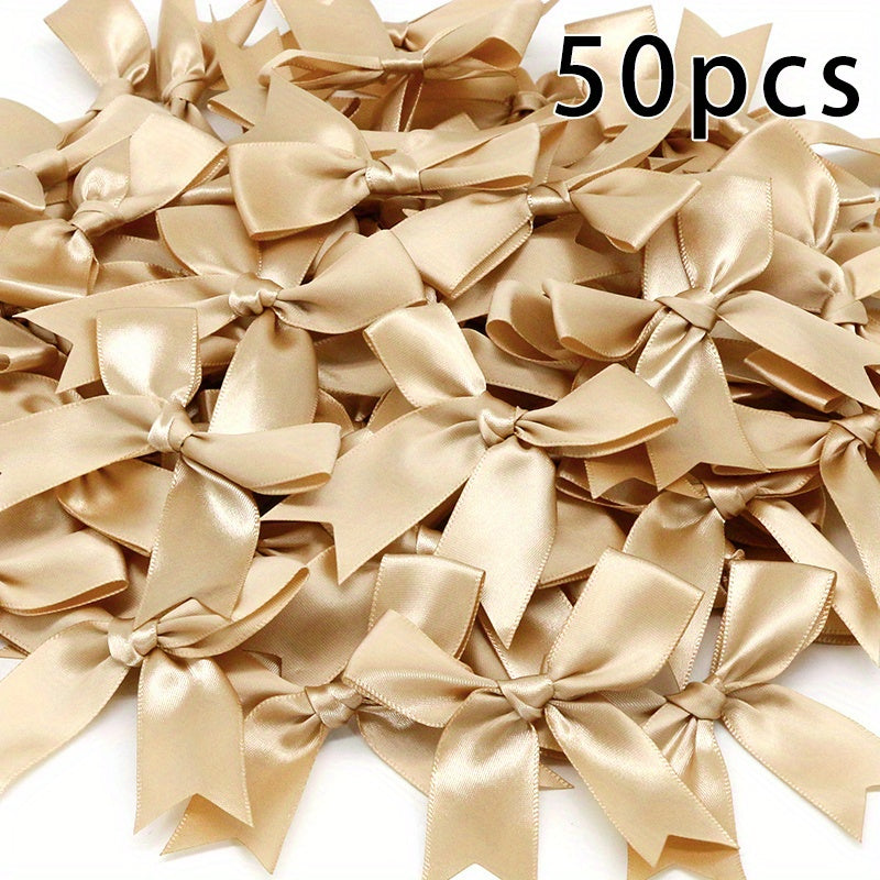 50 pieces of small pink and white satin ribbon bows measuring 8.38cm x 8.38cm for DIY crafting, gift tying, wedding decorations, and baking.